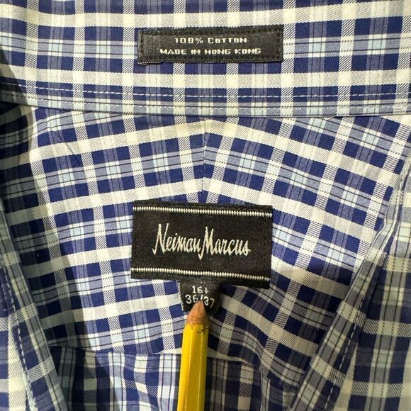 Neiman Marcus Men’s Button Down Shirt 16 1/2 36/37 Blue Plaid Cotton Casual - Picture 5 of 6